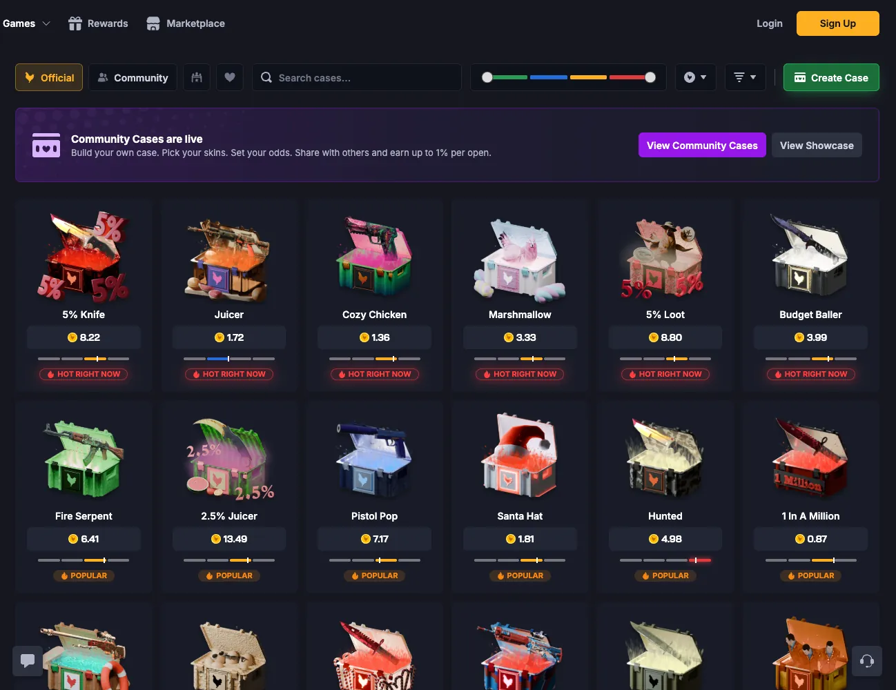 Chicken.gg cases lobby with Official and Community tabs, case prices and Create Case button