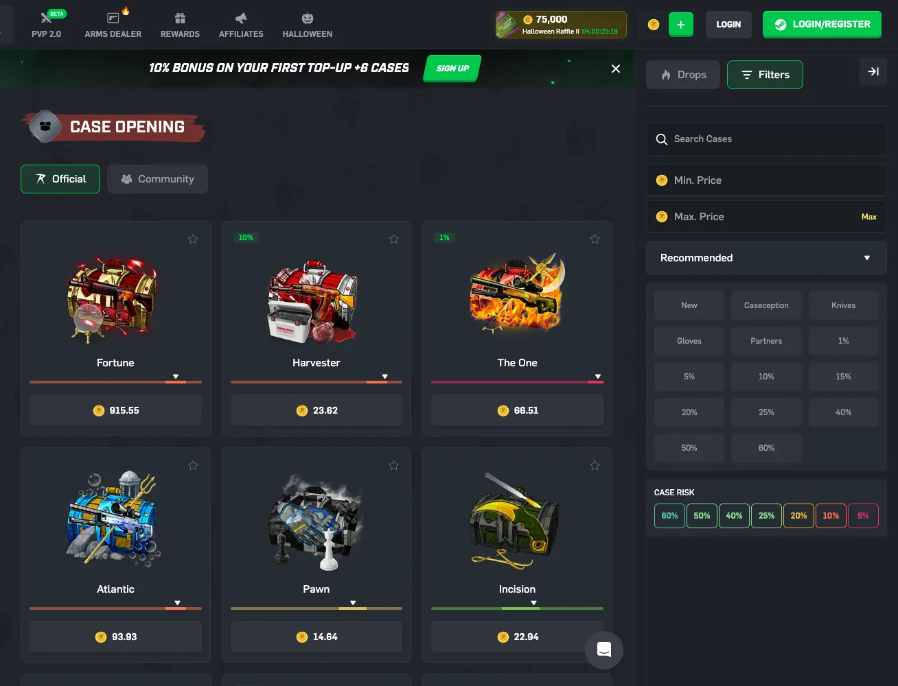 CSGORoll case opening page with Official and Community case tabs and case risk filters