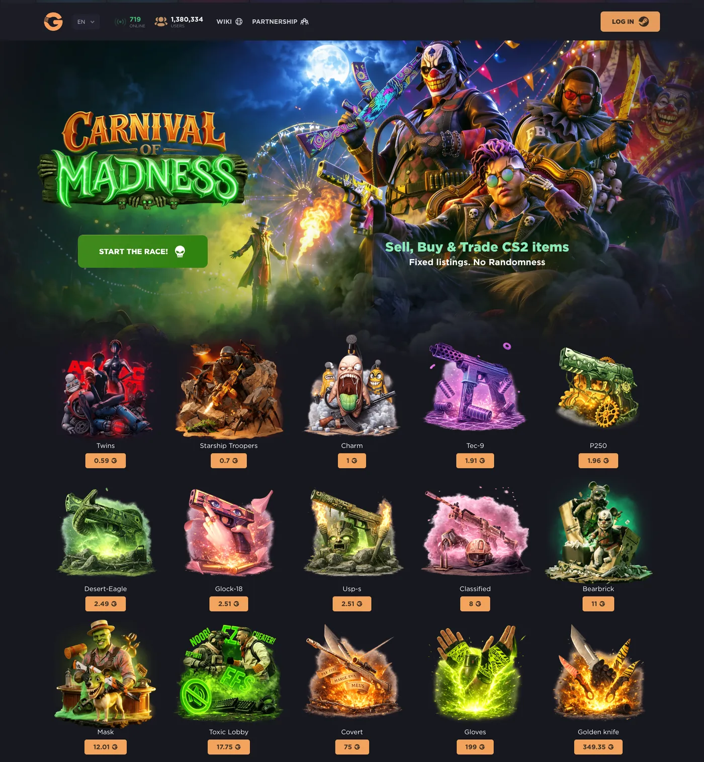 GGDrop homepage with event banner and a grid of CS2 cases with prices