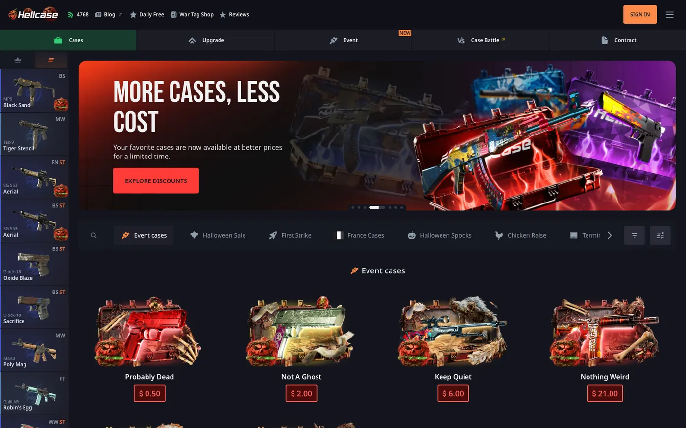 Hellcase cases page with Upgrade, Event, Case Battle and Contract tabs and event cases