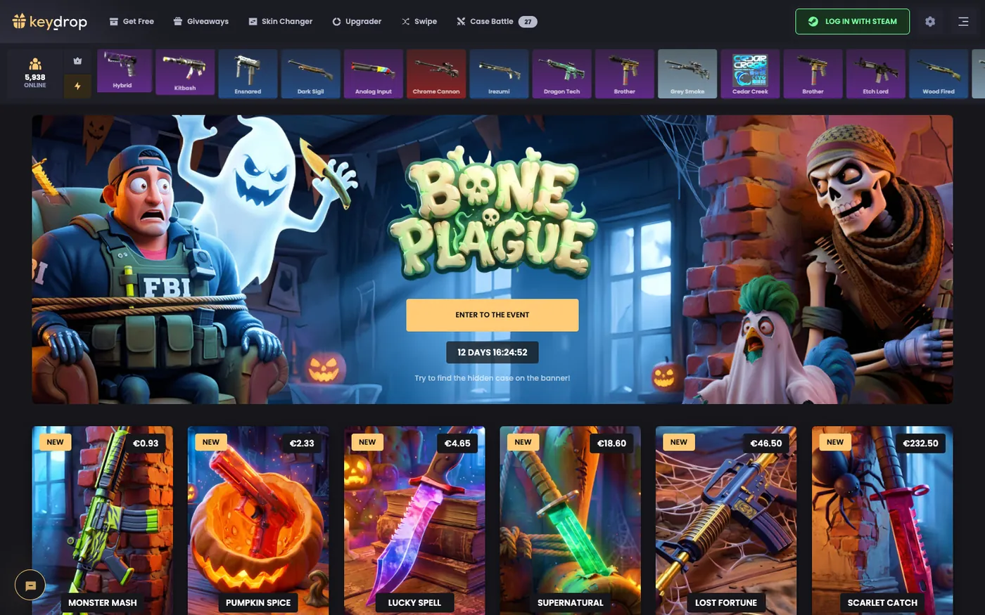KeyDrop homepage with event banner, live drop feed and themed CS2 cases